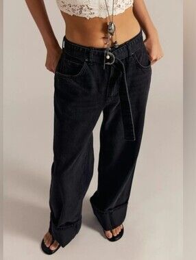 Free People East Bay Black Cuffed Wide-Leg Jeans with Belt
